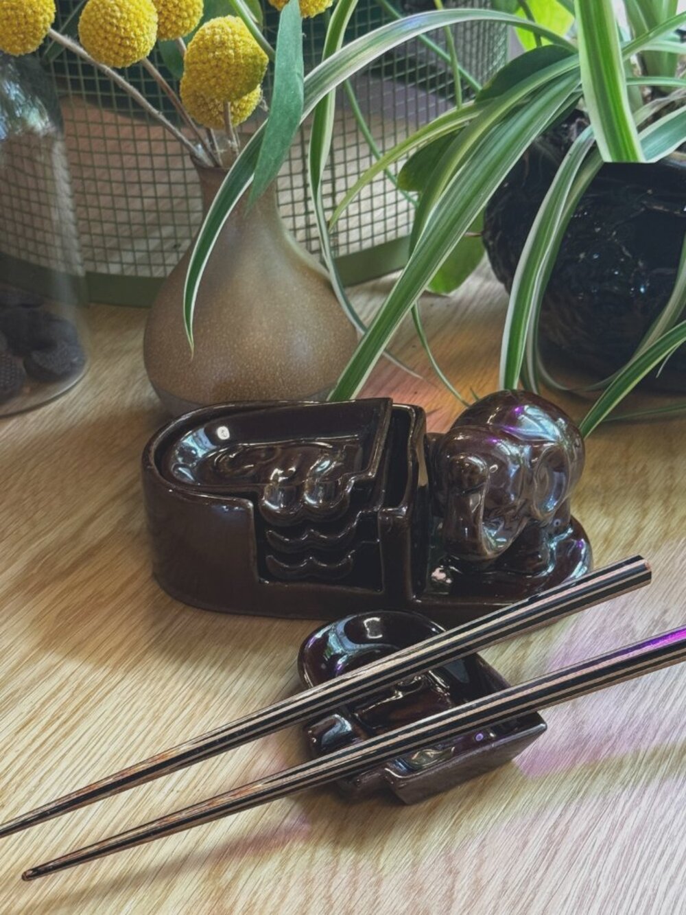 Ceramic Redware Elephant Chopstick Holder, Brown, Vintage Occupied Japan